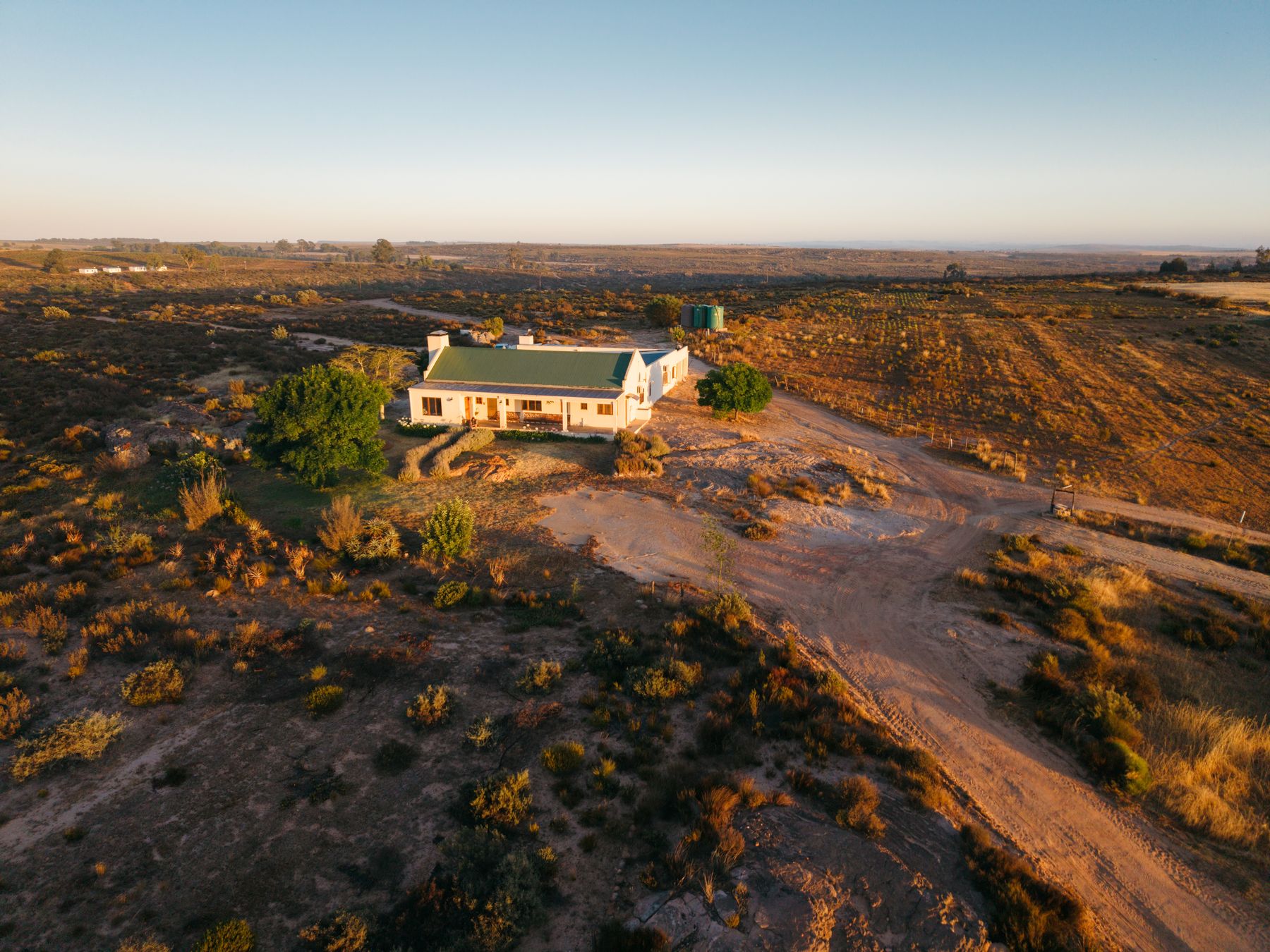 Aerial view of a white farmhouse among trees at dawn with fields around