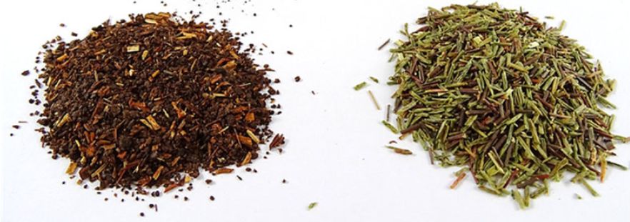 Two heaps side by side: oxidised red rooibos on the left and unoxidised green rooibos on the right